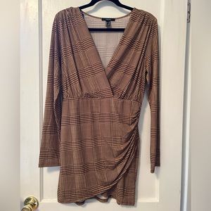 Forever 21 Brown Plaid Faux Wrap Long Sleeve Dress